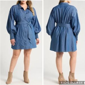 Ciebon Belted Long Sleeve Chambray Shirt‎ Dress Blue 3X